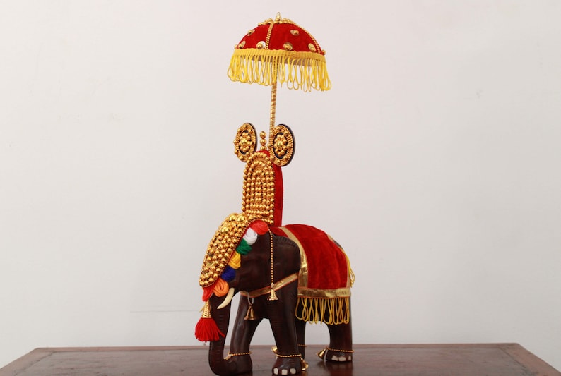 Handcrafted Wooden Festival Elephant with Nettipattam, Umbrella & Thidampu | Traditional Kerala Home Décor | 20" Height Including Umbrella