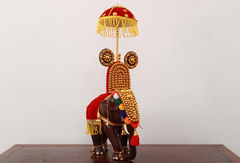Handcrafted Wooden Festival Elephant with Nettipattam, Umbrella & Thidampu | Traditional Kerala Home Décor | 20" Height Including Umbrella