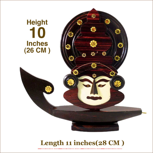 Wooden Kerala Traditional Chundan Boat Curio Miniature with Kathakali Face - 10 Inch Height