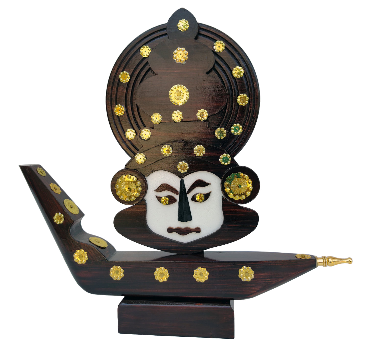 11.2-Inch Handcrafted Kerala Chundan Vallam with Kathakali Face – Wooden Decor Miniature