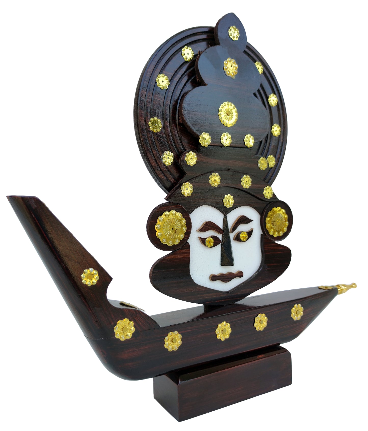 12.2-Inch Wooden Kathakali Snake Boat Miniature – Traditional Kerala Chundan Vallam Curio Decor